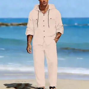 Men's casual linen two-piece set featuring hooded long sleeve shirt and matching pants