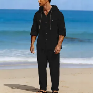 Men's black casual linen long sleeve hooded shirt and matching pants beach set