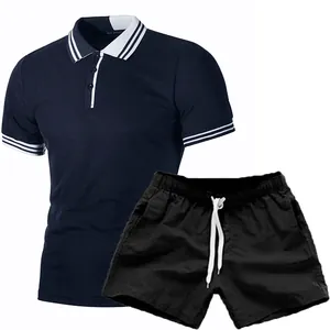 Men's slim fit navy striped polo shirt and black casual shorts two-piece set outfits