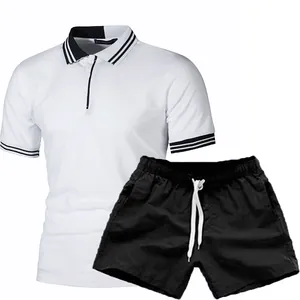 Men's white striped polo shirt and black drawstring shorts two-piece casual set