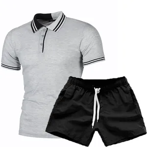Men's slim fit casual polo shirt and shorts set with striped collar and cuffs