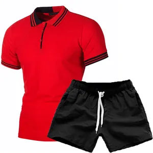 Men's slim fit red polo shirt and black shorts set with striped collar details