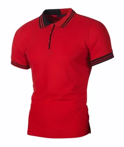 Detailed view of red men's slim-fit casual polo shirt with black striped accents