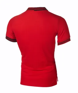 Back view of a men's slim fit red polo shirt featuring black striped collar and cuff details