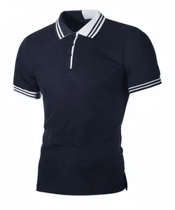 Detailed view of navy blue slim-fit polo shirt featuring striped collar and cuffs