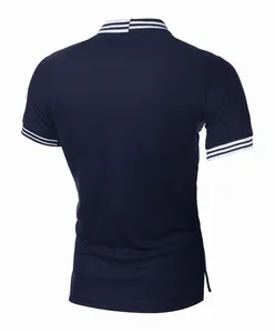 Back view of navy blue men's slim fit polo shirt with striped collar and cuffs
