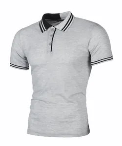 Detailed shot of a men's slim fit gray polo shirt with striped collar and cuffs.