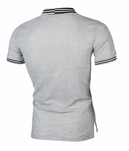Back view of a grey slim fit men's polo shirt with striped collar and cuffs details