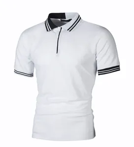 Detail showing striped collar and cuffs of a men's slim-fit white casual polo shirt