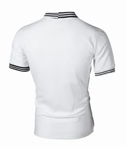 Back view of white slim fit men's polo shirt with striped collar and cuffs