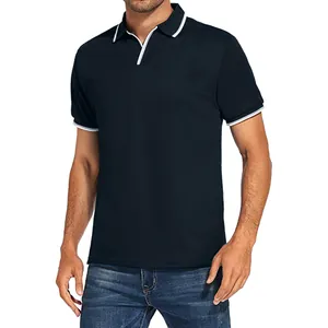 Front detail view of a navy blue men's polo shirt with white tipping on collar