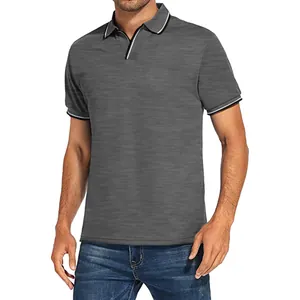 Detail view of men's grey casual polo shirt featuring stylish contrast collar trim