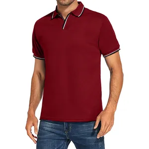 Detailed view of a men's burgundy short sleeve polo shirt with striped collar trim