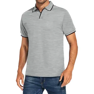 Detailed view of a men's grey polo shirt showing striped collar and textured fabric