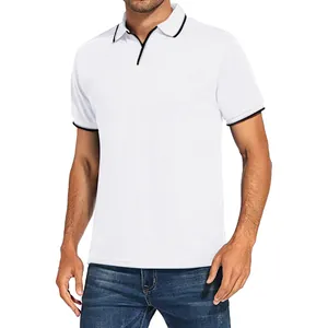 Detailed view of a men's white short-sleeve polo shirt featuring black contrast trim