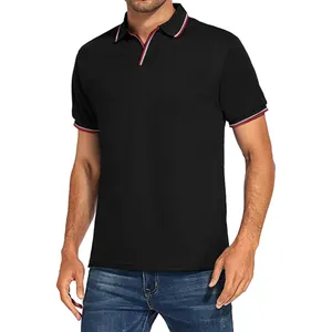 Classic men's black short-sleeved Polo shirt featuring red and white striped collar trim