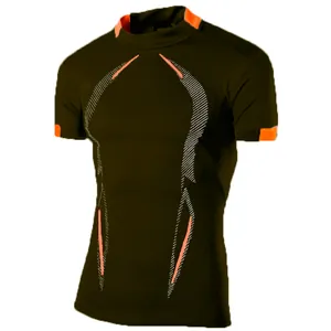 Detailed view of a men's quick-dry compression sports T-shirt with athletic pattern