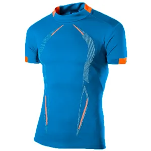 Close-up of blue quick-dry athletic t-shirt with orange accents for men's fitness.