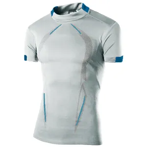 Grey men's compression short sleeve shirt with blue accents for fitness training