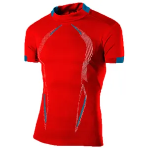 Detailed view of red men's athletic compression shirt with quick-dry fabric