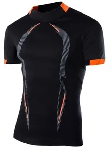 Heren sportcompressieshirt zwart met atletische oranje strepen, ademend en sneldrogend