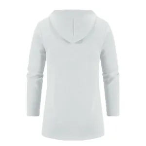 Back view of a minimalist men's white long-sleeved hooded knit cardigan sweater jacket