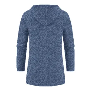 Back view of a men's hooded knit cardigan sweater jacket in blue marl texture