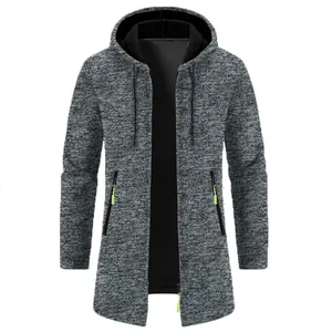 Grey marl knit men's hooded mid-length cardigan jacket with green zipper detail
