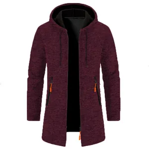 Detail view of men's hooded knit cardigan with heathered maroon texture and zipper