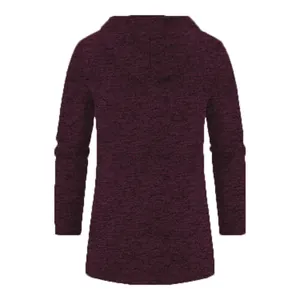 Detailed back view of a men's longline hooded knit cardigan in marled burgundy color