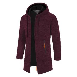 Men's mid-length hooded knit cardigan in burgundy with a stylish relaxed fit