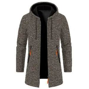 Men's hooded mid-length knit cardigan with thin fleece lining and orange zipper accents