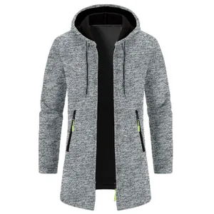 Men's stylish mid-length hooded knit cardigan jacket with grey heather fleece texture