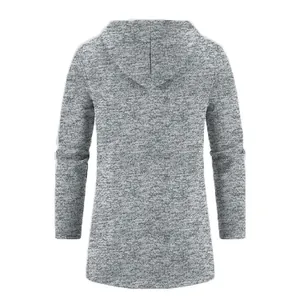 Detailed back view of a men's gray hooded long cardigan fleece knitted sweater jacket