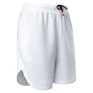 Detailed side view of men's white quick-dry mesh running shorts with athletic side slits.