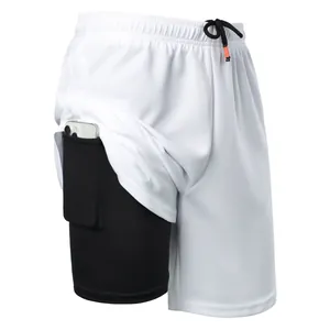 Detail of men's 2-in-1 sports shorts showing hidden phone pocket in inner liner