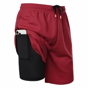 Detailed view of men's 2-in-1 running shorts with a secure inner phone pocket
