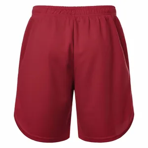 Rear view of red breathable mesh running shorts with elastic waistband detail