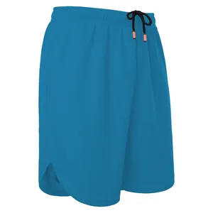 Detail of men's blue breathable mesh marathon running shorts with black drawstring waist