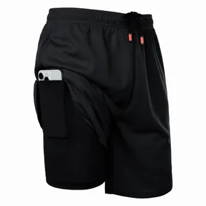 Close-up detail of men's 2-in-1 running shorts featuring a hidden inner phone pocket