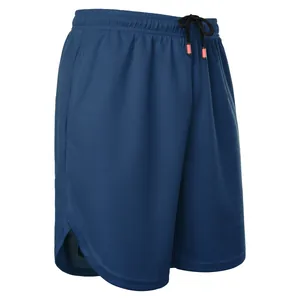 Detailed view of dark blue mesh athletic shorts featuring a drawstring waist for men