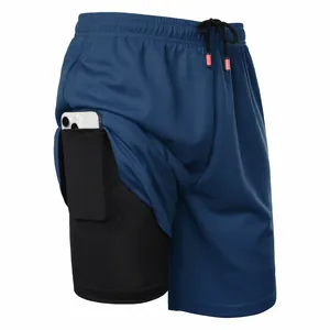 Detail view of men's 2-in-1 running shorts showing the functional inner liner phone pocket