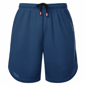 Detail of men's navy blue quick-dry mesh running shorts with elastic drawstring
