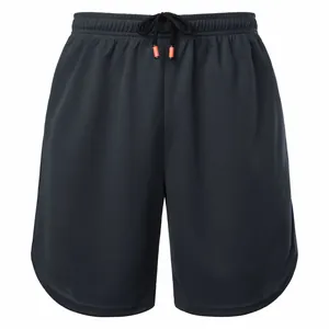 Close-up of black quick-dry running shorts with breathable mesh texture and drawstring.