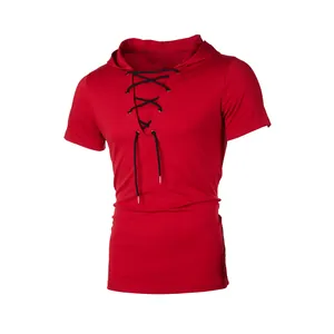 Detailed view of red men's hooded T-shirt with unique black lace-up V-neck design