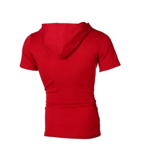 Rear view detail of vibrant red men's hooded short sleeve hip-hop style t-shirt top