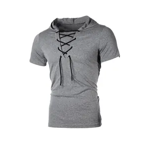 Casual men's grey hooded short sleeve T-shirt featuring stylish black lace-up front detail