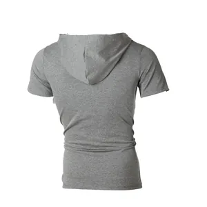 Back view of a grey casual hooded short sleeve t-shirt for men showing hood detail