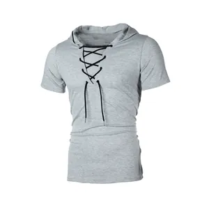 Premium men's casual grey hooded short sleeve T-shirt featuring hip-hop lace-up neckline
