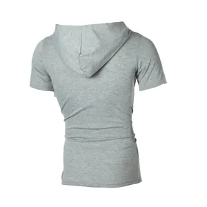 Back view of a grey short-sleeved hooded T-shirt for men in soft cotton fabric